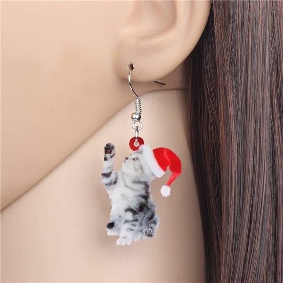 Cute Christmas Cat Dangle Earrings for Women & Girls - Charming Holiday Gifts - Picture 2 of 7